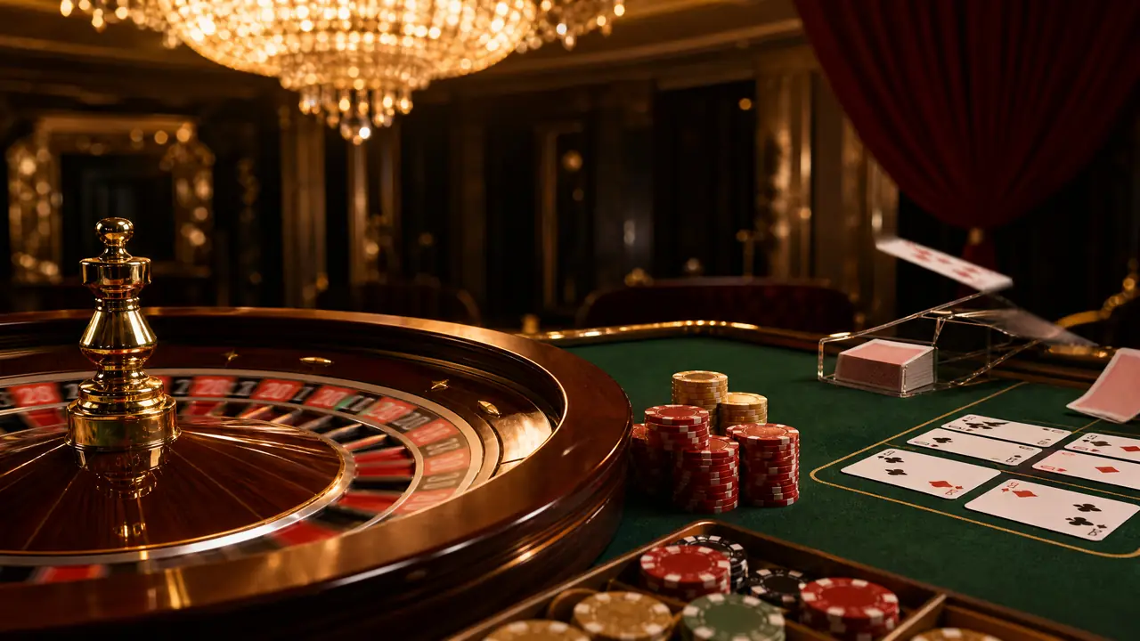 Meja live casino dengan roda roulette dan kartu baccarat