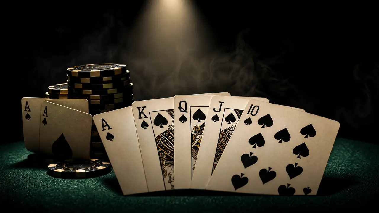 Kartu royal flush dan tumpukan chip poker di atas meja hijau