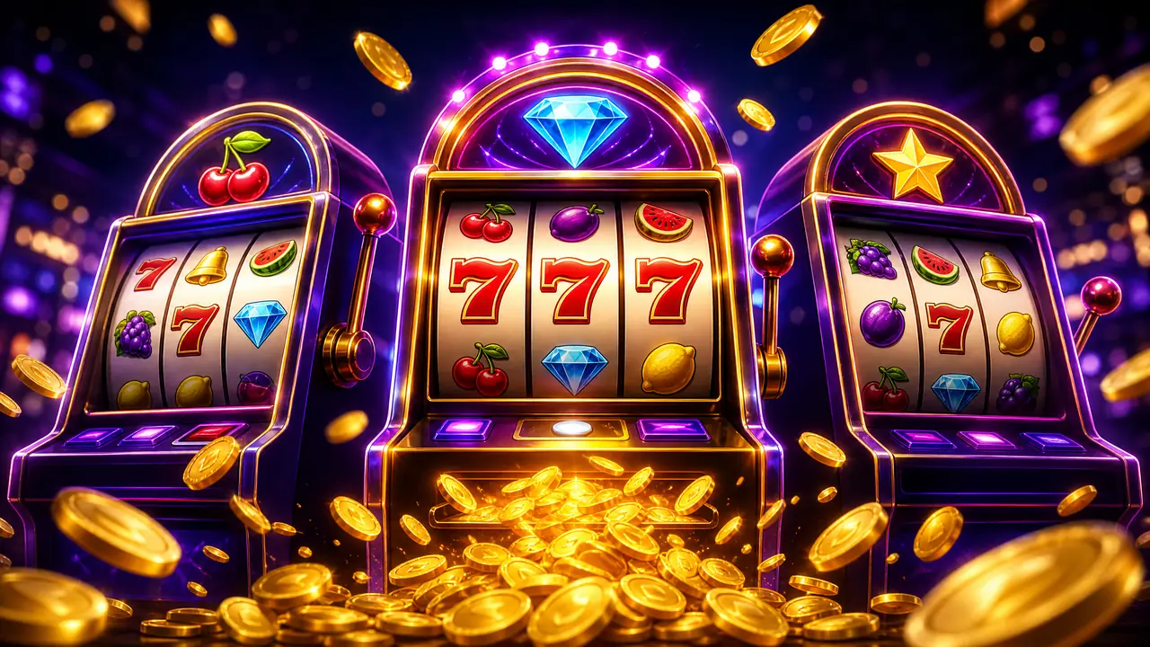 Deretan mesin slot online dengan simbol buah dan angka tujuh