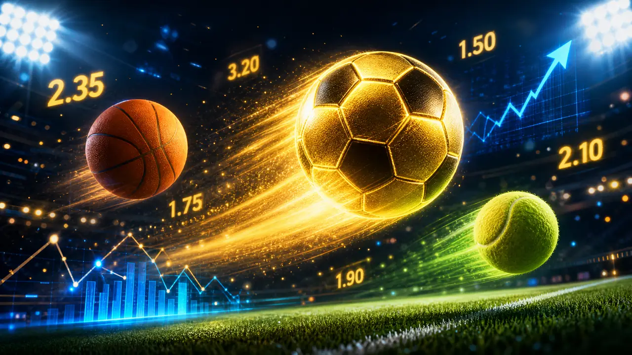 Bola sepak emas dengan lampu stadion dan grafik odds
