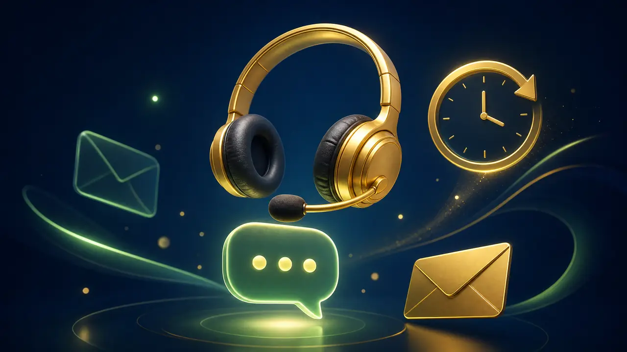 Headset emas dengan ikon chat dan jam 24 jam
