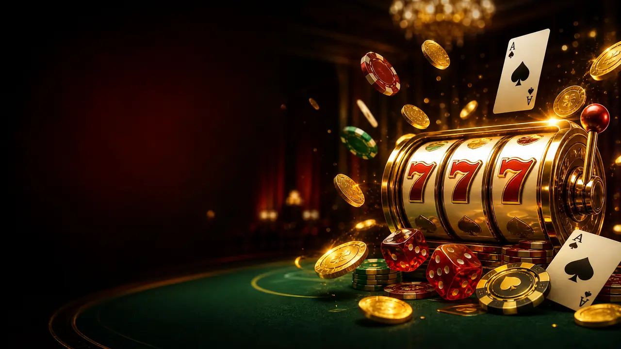 Suasana lobi permainan Visitorbet dengan mesin slot emas, koin, dan kartu