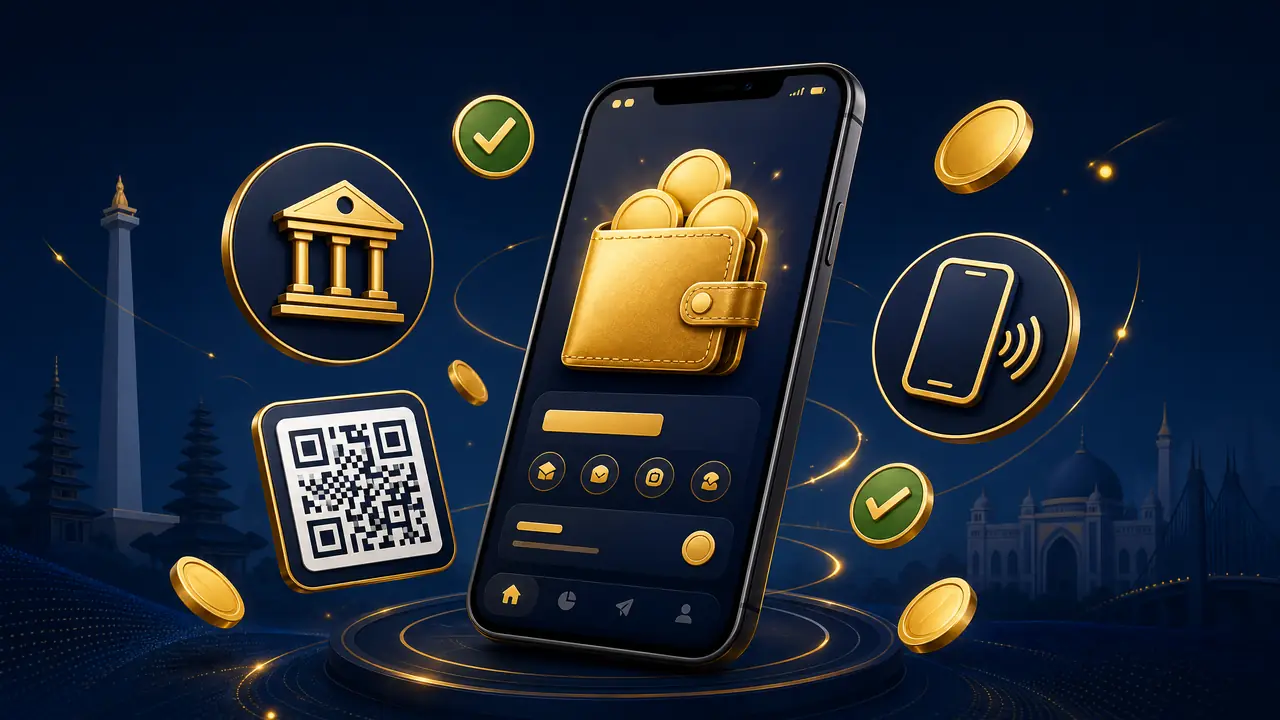 Ilustrasi metode pembayaran digital: transfer bank, e-wallet, QRIS, dan pulsa